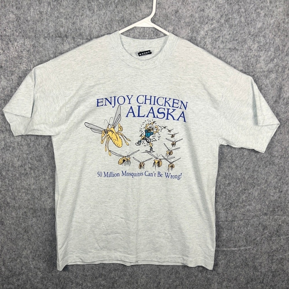 Vintage Fruit of‎ the Loom Best Chicken Alaska Mosquito Graphic T-Shirt Gray L